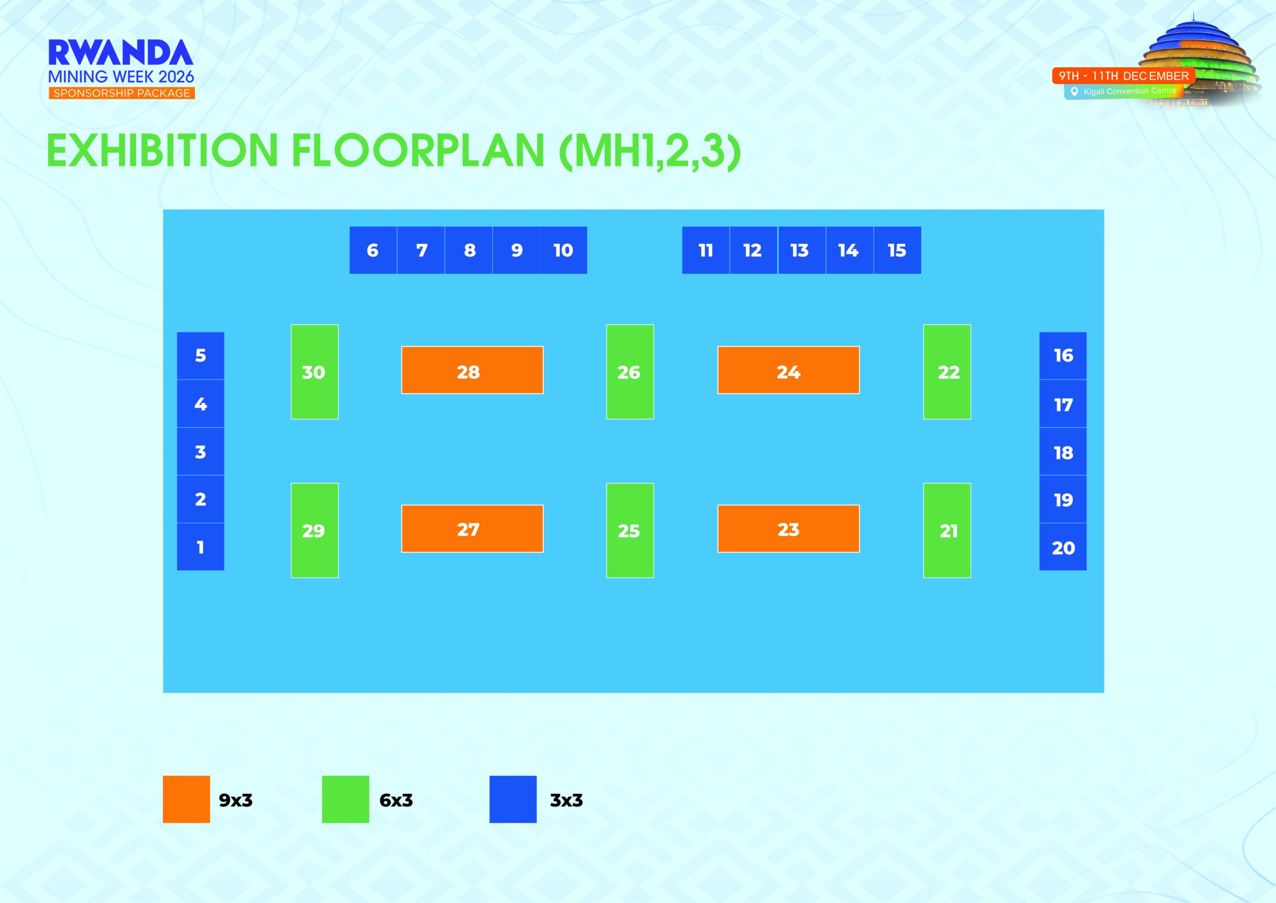 Rwanda Mining Week 2026 exhibition floor plan showing the exhibition layout and booth locations